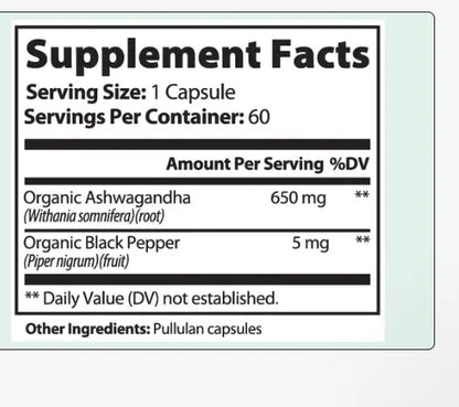 Nevela Ashwagandha Supplement Facts: 650 mg organic ashwagandha and 5 mg organic black pepper per capsule