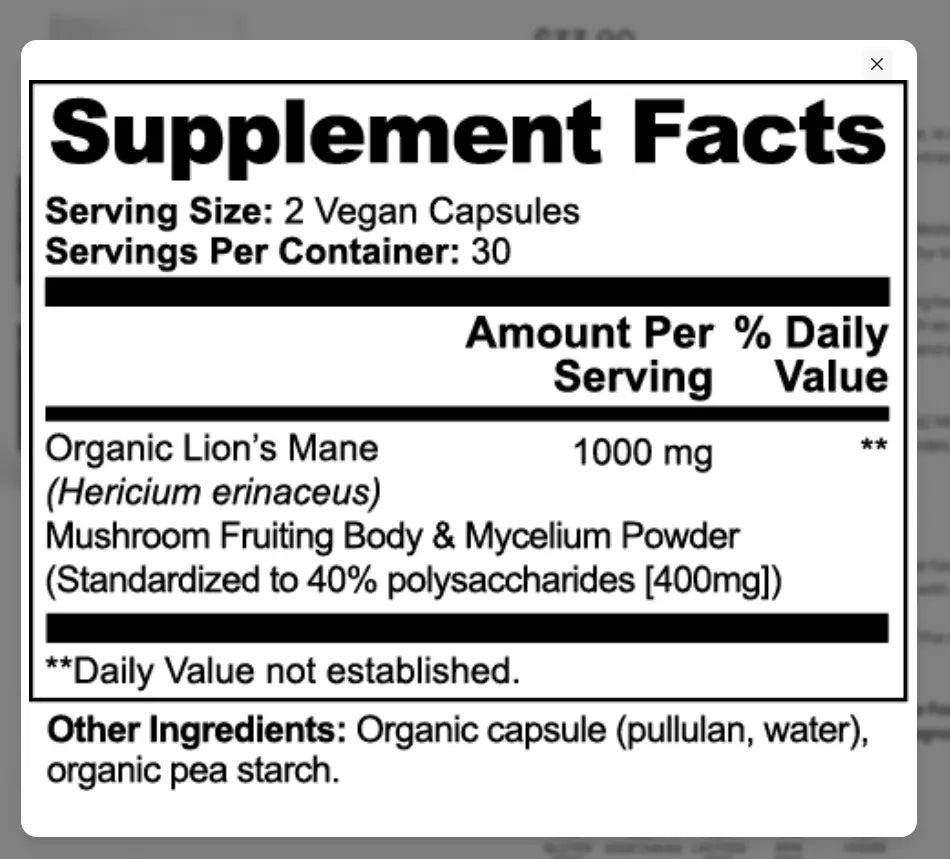 Nevela Lion's Mane Supplement Facts - 1,000 mg per serving, standardized to 40% polysaccharides
