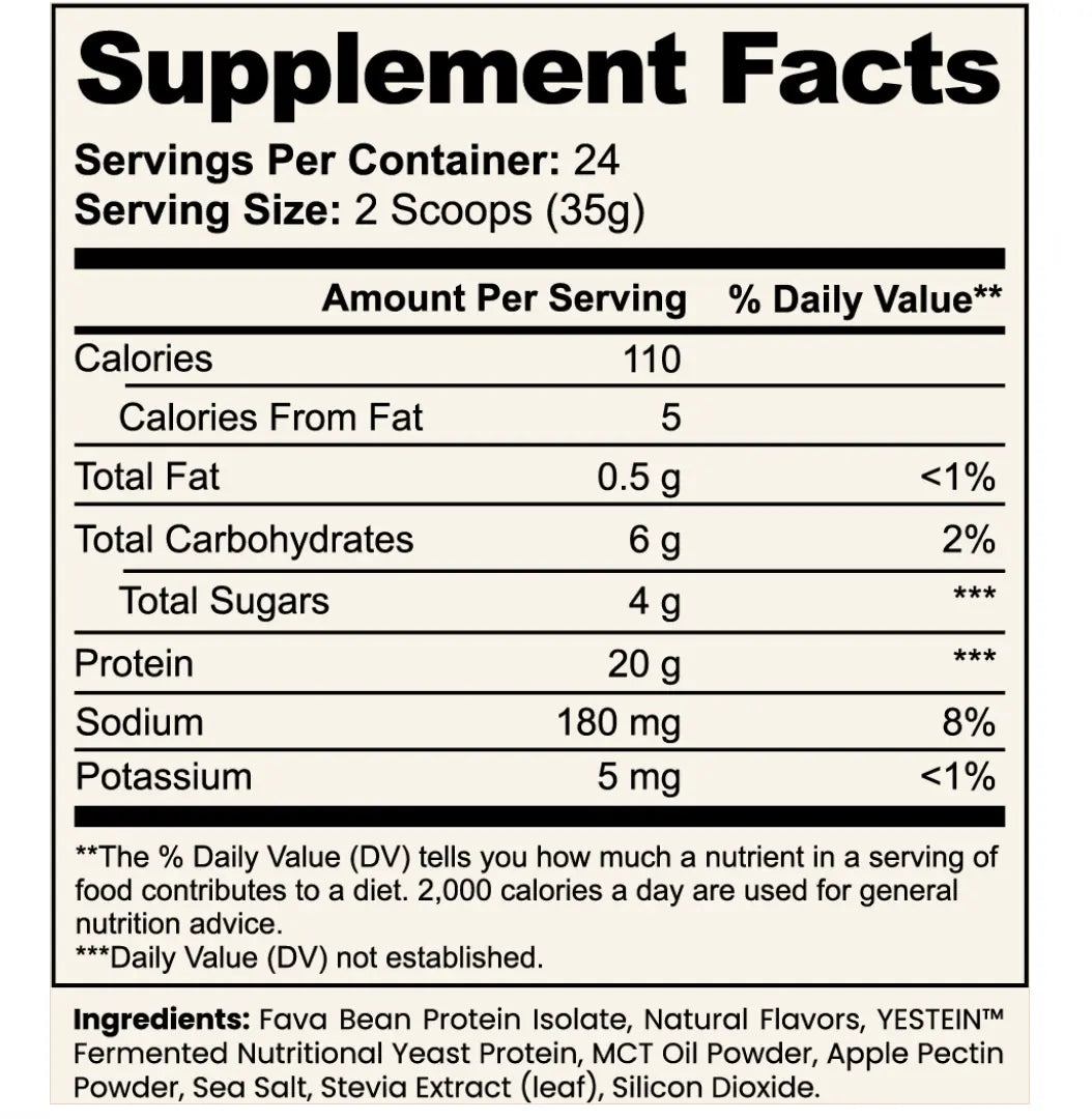 Nevela Clean Plant Protein Vanilla Supplement Facts: 20 grams protein, 110 calories, 24 servings