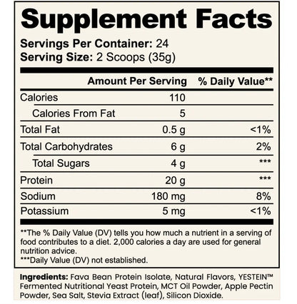 Nevela Clean Plant Protein Vanilla Supplement Facts: 20 grams protein, 110 calories, 24 servings